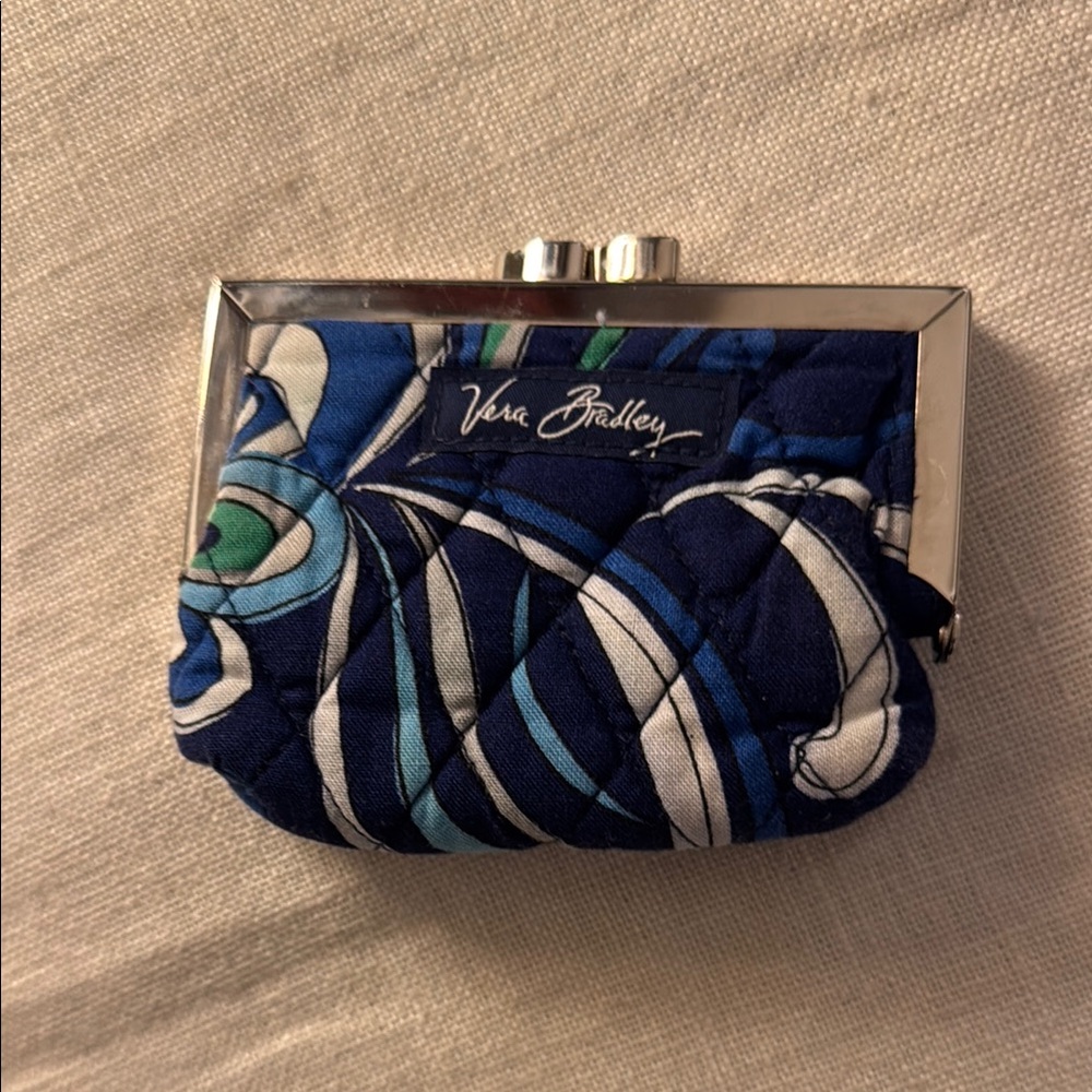 Vera Bradley kiss lock coin purse in the Mediterranean Blue pattern.